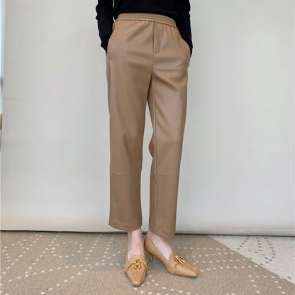 Women’s Genuine Leather Pants High Waist Wide-Leg Trousers