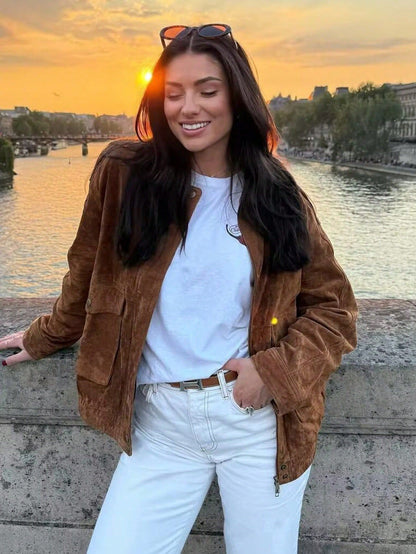 Women’s Faux Suede Loose Jacket Brown