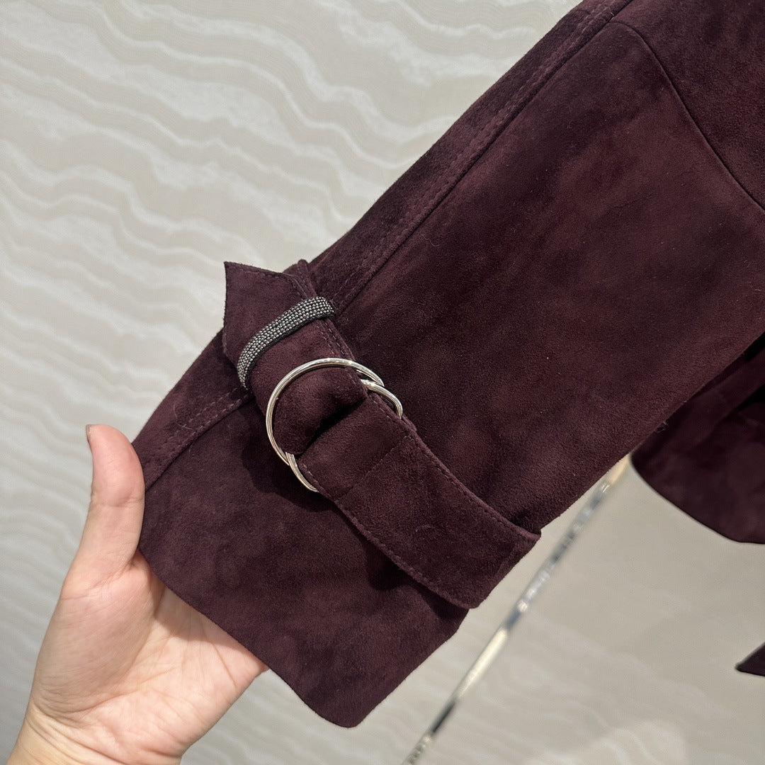 Women Cropped Suede Short Trench Jacket with Belt