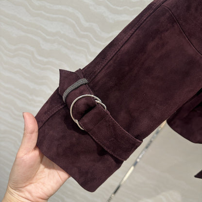 Women Cropped Suede Short Trench Jacket with Belt