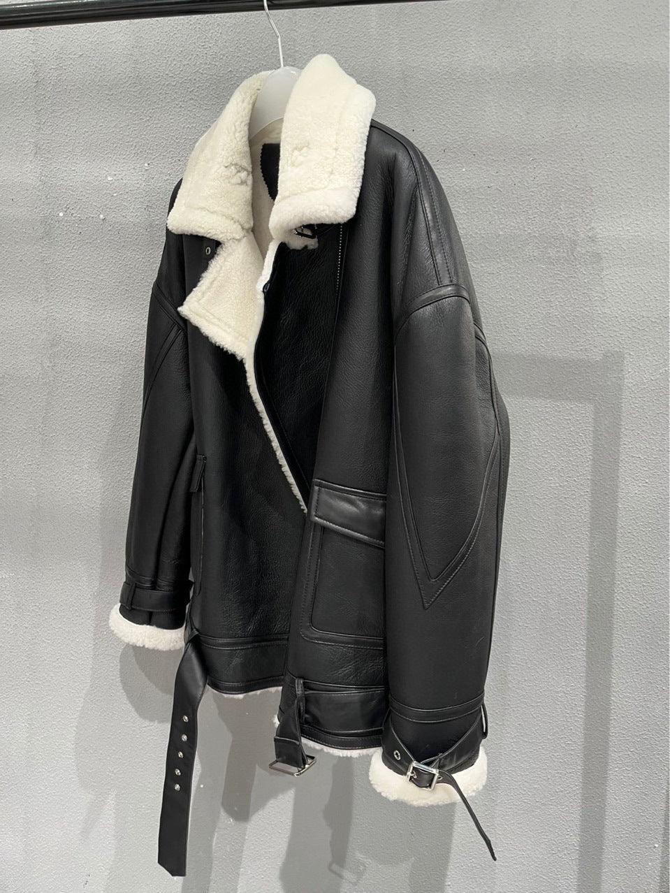 Women Genuine Leather Bomber Jacket with Real Fur