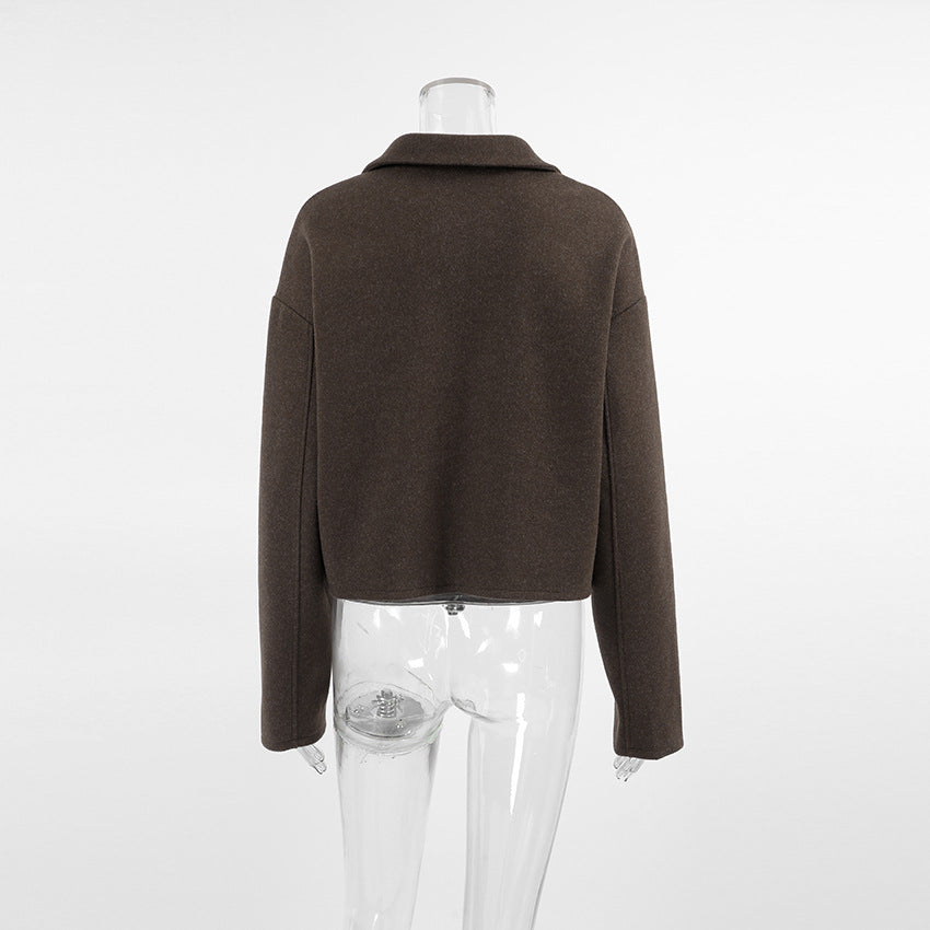 Women Brown Lapel Wool Coat Cropped Loose Fit Zipper Jacket