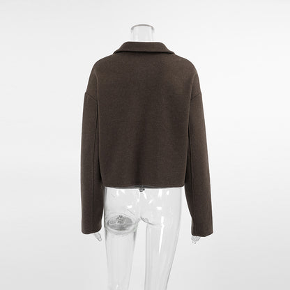 Women Brown Lapel Wool Coat Cropped Loose Fit Zipper Jacket