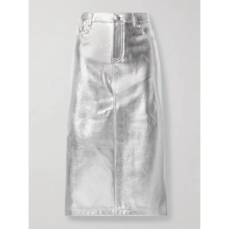 Silver Metallic Leather Skirt High Waist Midi with Front Slit