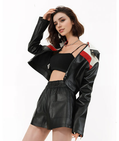 Faux Leather Biker Jacket with Red Stripe and Stand Collar