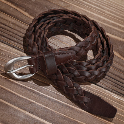 Braided genuine leather belt with silver buckle