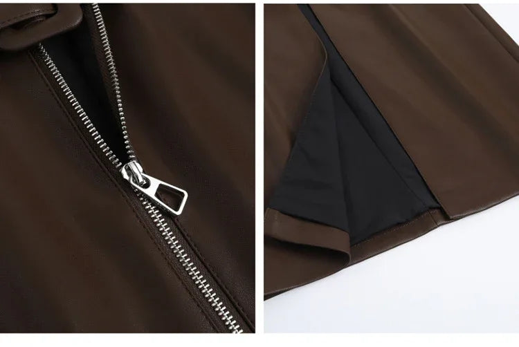 High waist belted zip front leather midi skirt