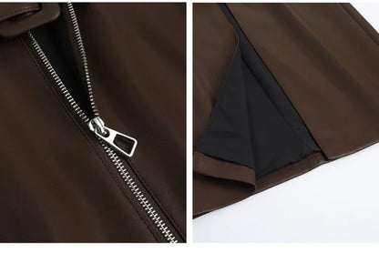 High waist belted zip front leather midi skirt