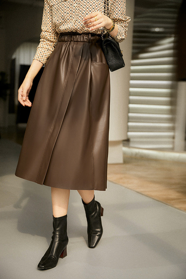 Sheepskin a-line leather midi skirt belt