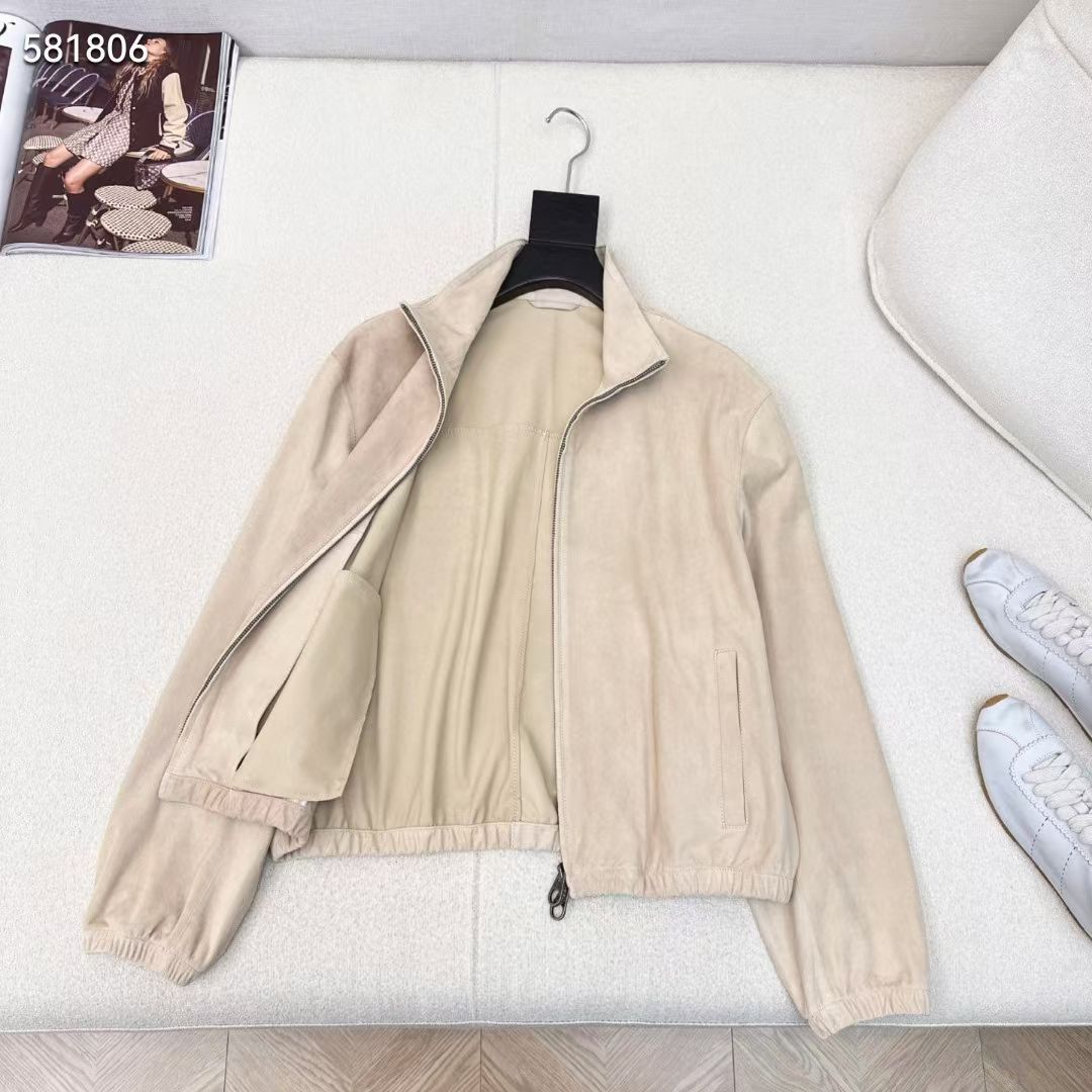 Women Beige Suede Bomber Jacket Real Suede Zip-Up Coat