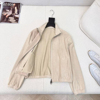 Women Beige Suede Bomber Jacket Real Suede Zip-Up Coat