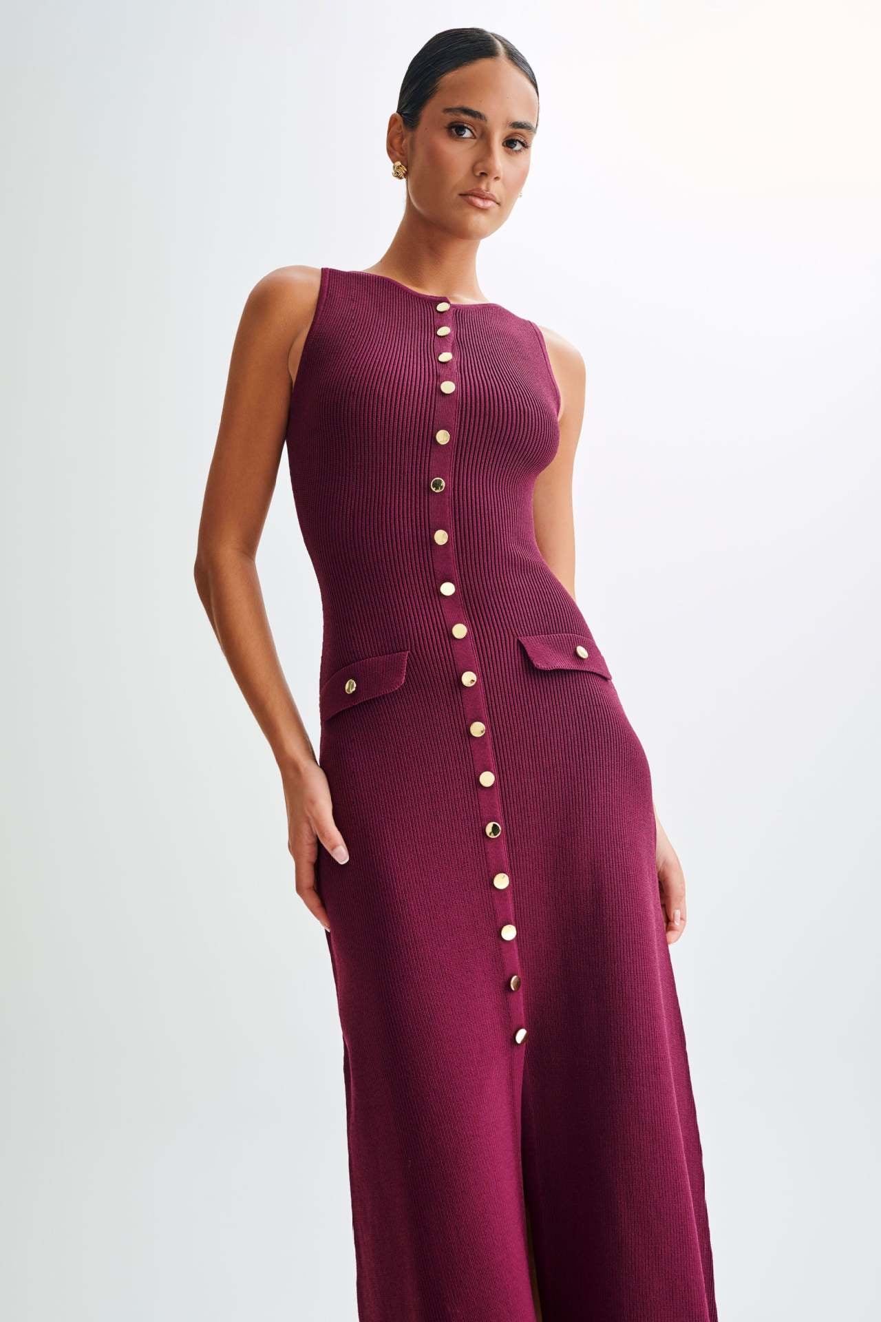 Burgundy Sleeveless Gold-Button Rib Knit Dress