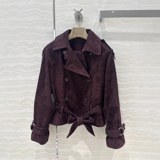 Women Cropped Suede Short Trench Jacket with Belt