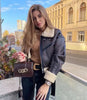 Women Faux Leather Shearling Jacket Maillard Style Short Biker Coat