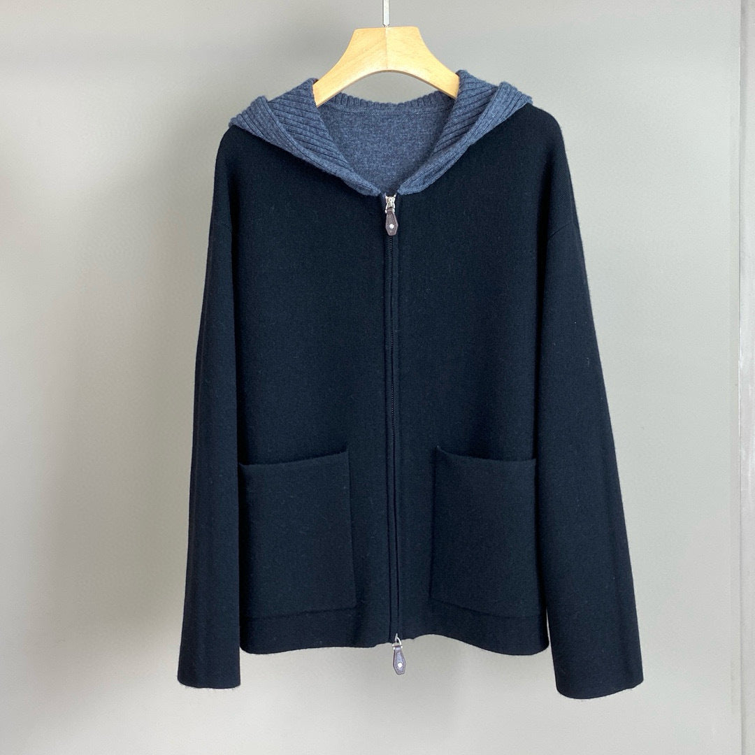 Women Cashmere Wool Hooded Sweater Zip Front Knitted Cardigan