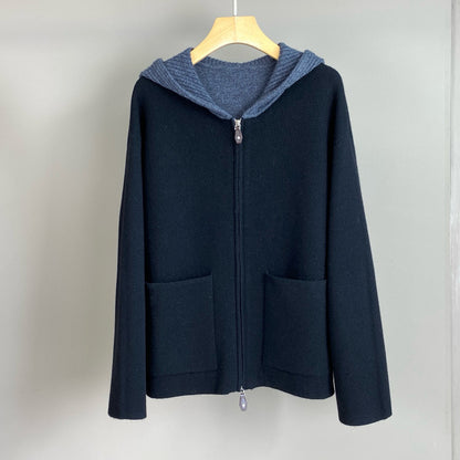 Women Cashmere Wool Hooded Sweater Zip Front Knitted Cardigan