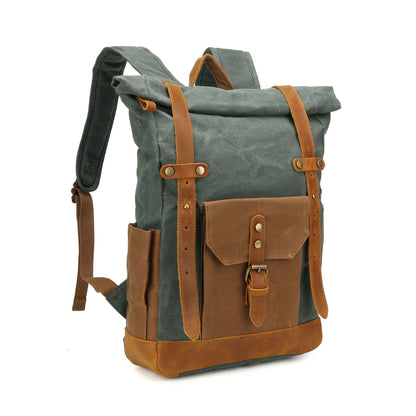 Canvas Backpack with Roll Top, Brown Trim and Organized Storage