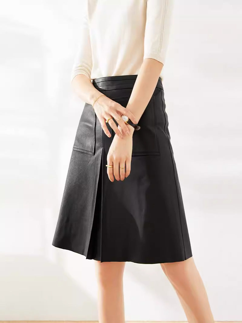 Genuine leather high waist pleated midi skirt Black M