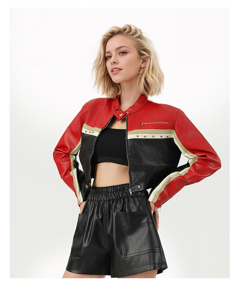 Cropped Faux Leather Biker Jacket for Women