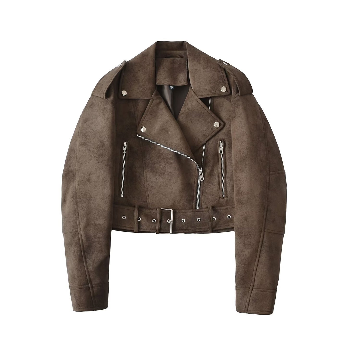 Women Brown Velvet Motorcycle Jacket Cropped Suede