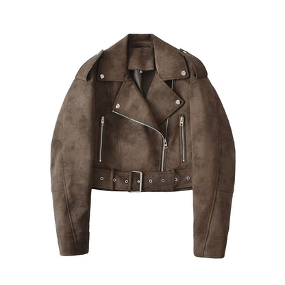 Women Brown Velvet Motorcycle Jacket Cropped Suede