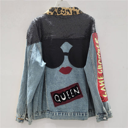 Women’s Sequin Patch Denim Jacket Street Style Jean Coat