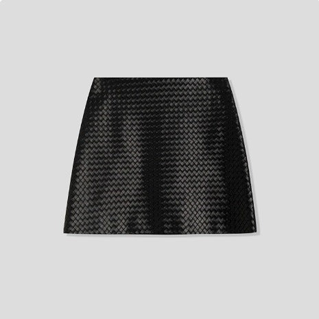 Genuine Black Leather Mini Skirt High Waisted Woven A-Line