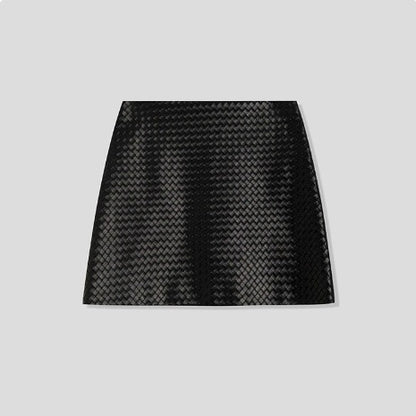 Woven Leather Mini Skirt for Women High Waist A-Line