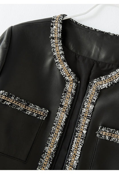 Women’s Leather Jacket with Chain Trim and Tweed Edge