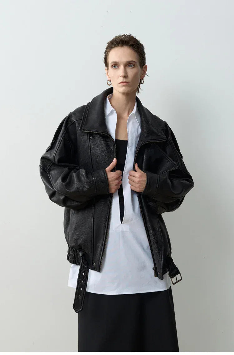 Women Loose Fit Leather Jacket Oversized Bomber Moto