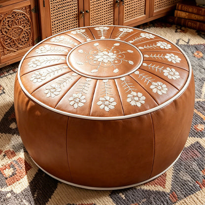 Faux Leather Pouf Ottoman with White Floral Embroidery for Living Rooms