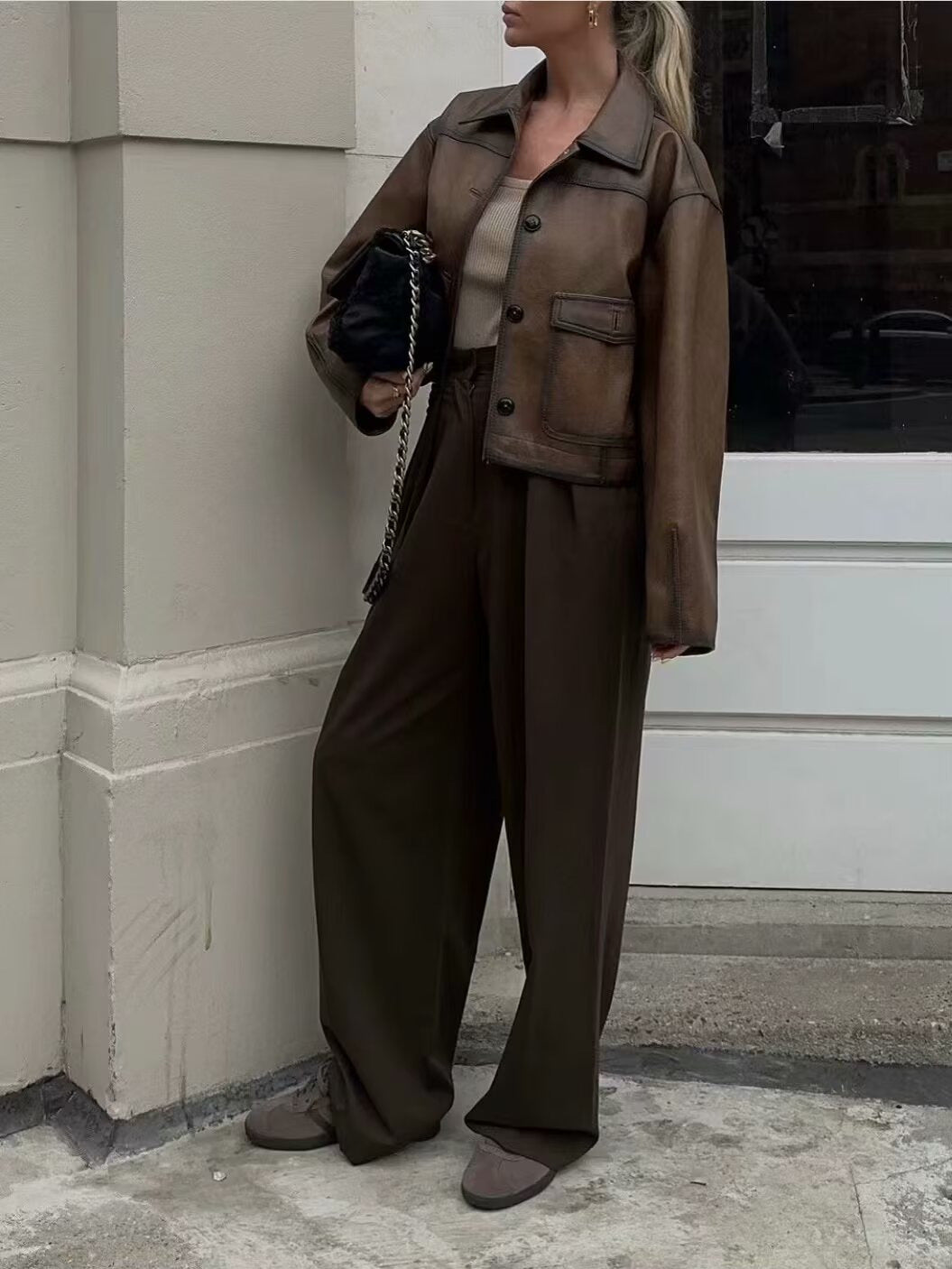 Brown Faux Leather Bomber Jacket for Women Cropped