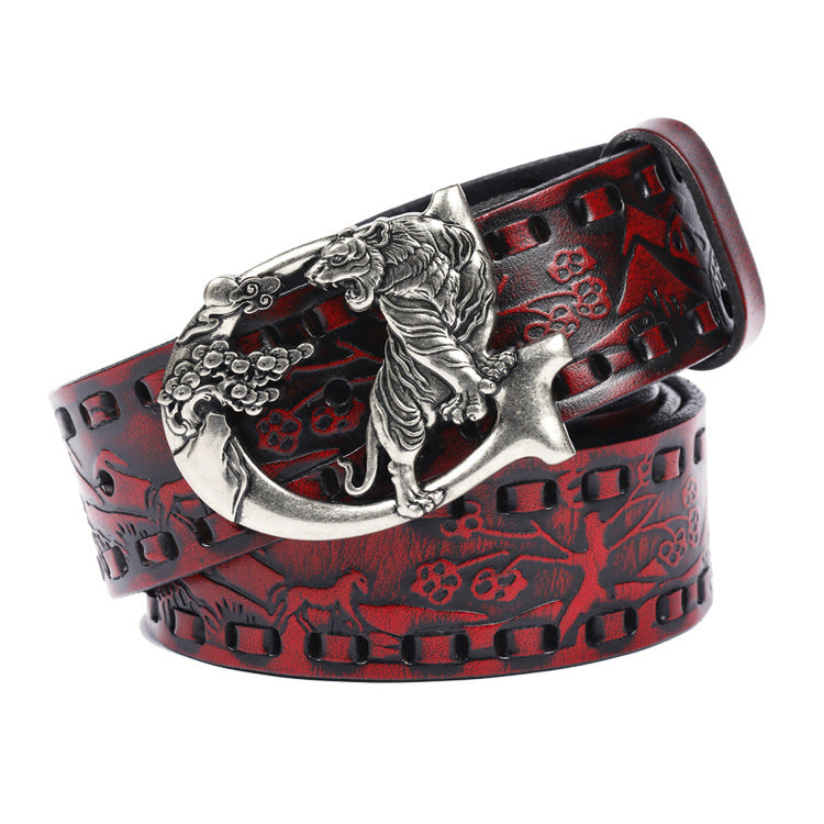 Women punk embossed leather tiger buckle belt