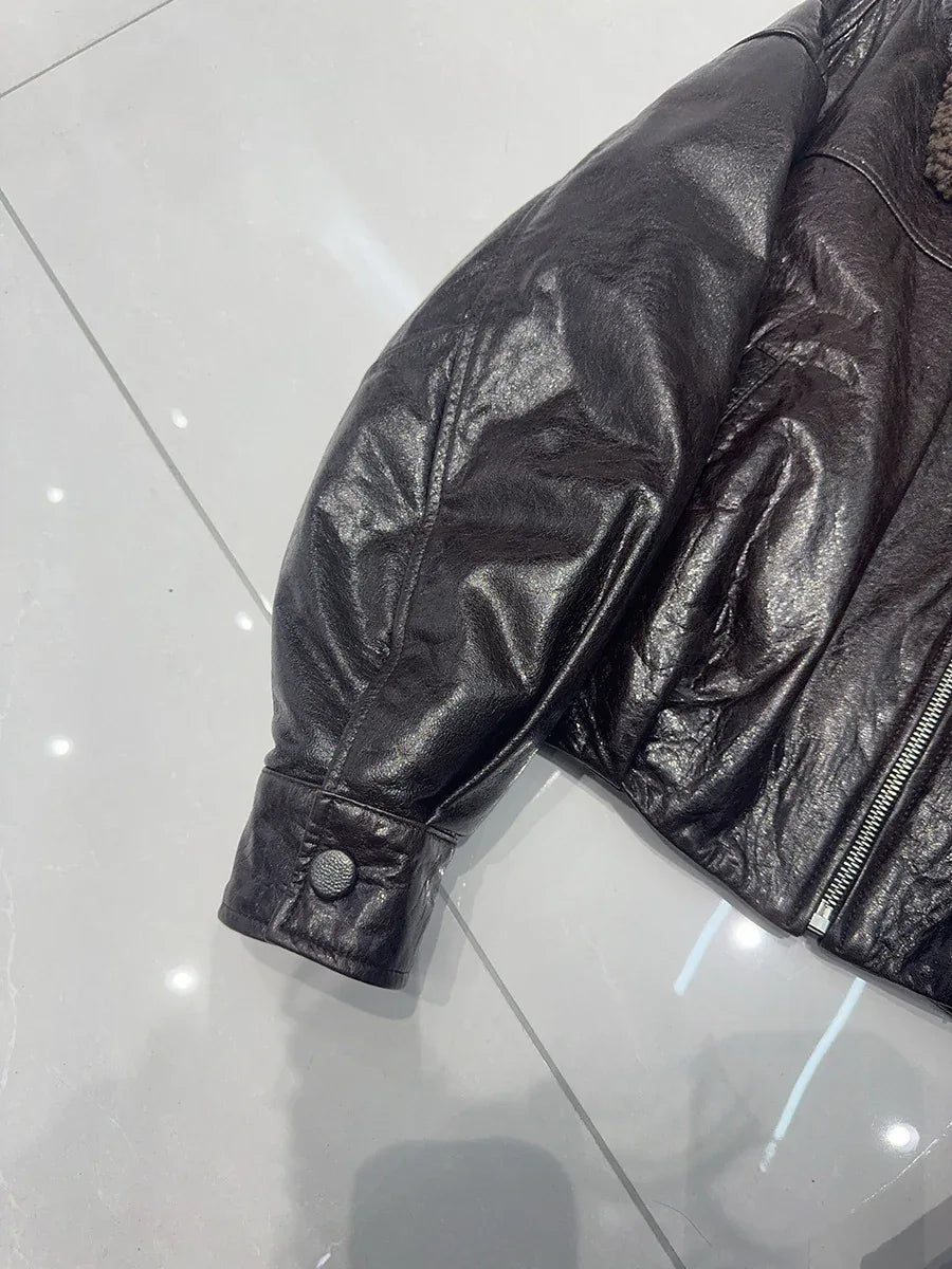 women genuine sheepskin bomber jacket with fur collar