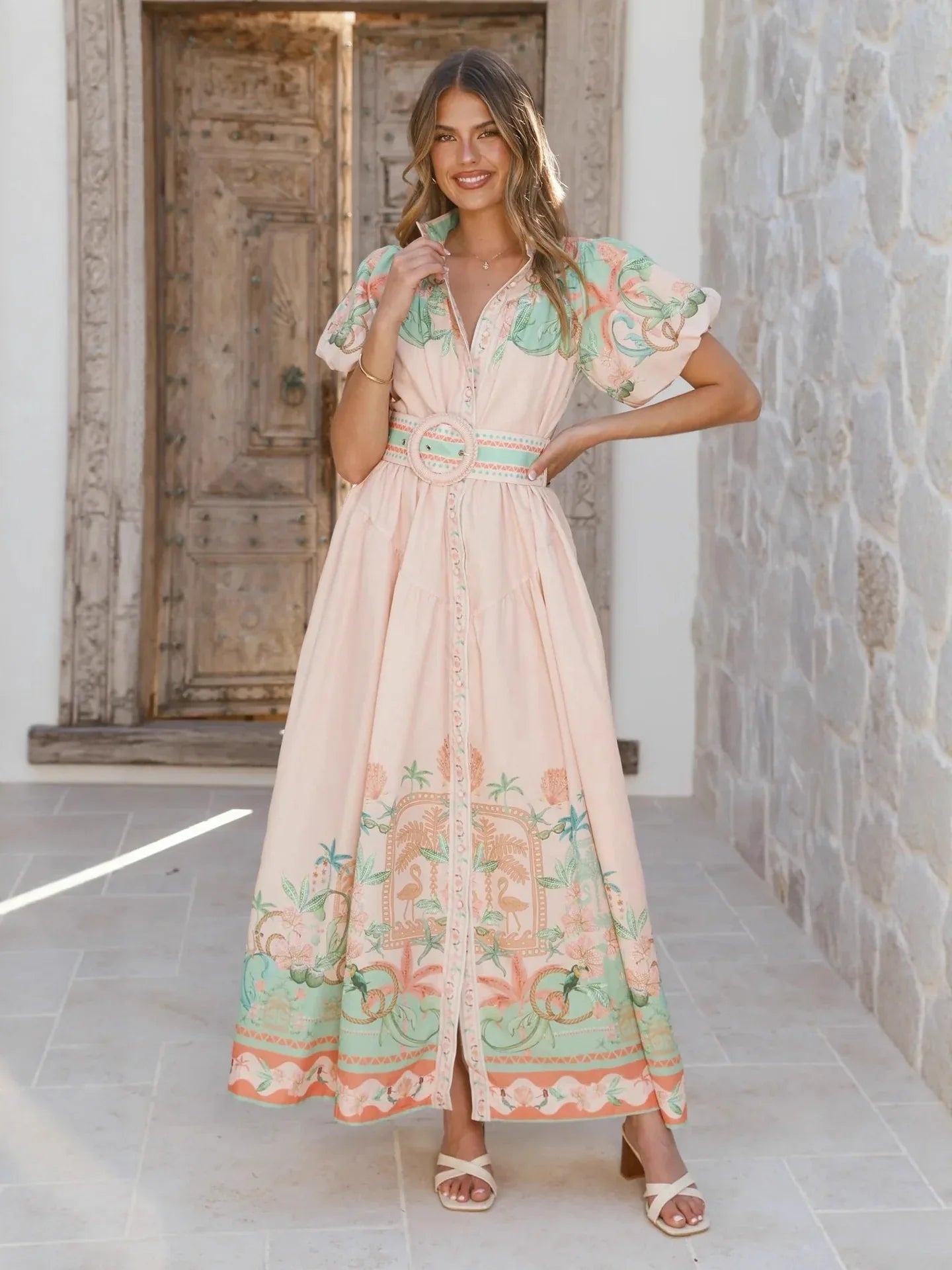 Floral linen belted button front summer maxi