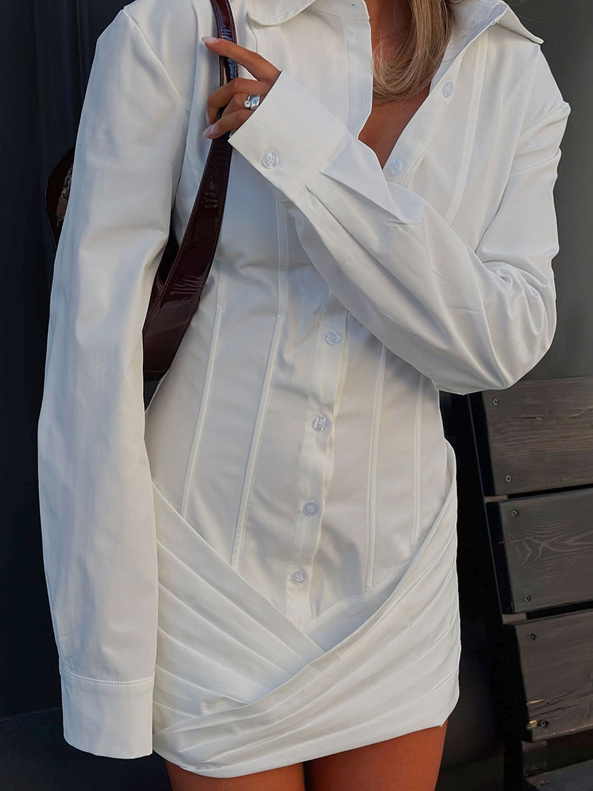 Women Long Sleeve Corset Shirt Mini Dress Bodycon