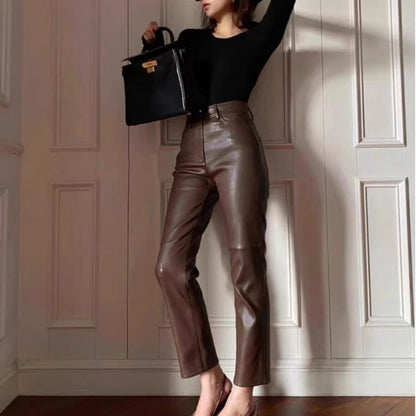 Women High Waisted Genuine Leather Carrot Pants