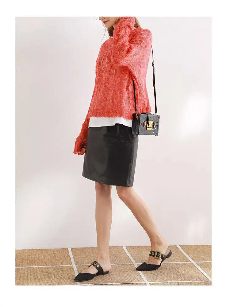 Green lambskin high waist a-line midi leather skirt 2 M