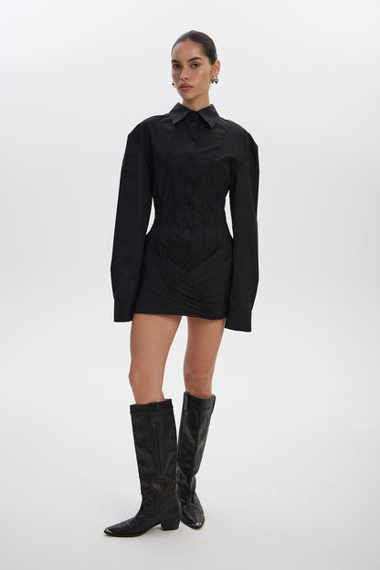 Women Long Sleeve Corset Shirt Mini Dress Bodycon