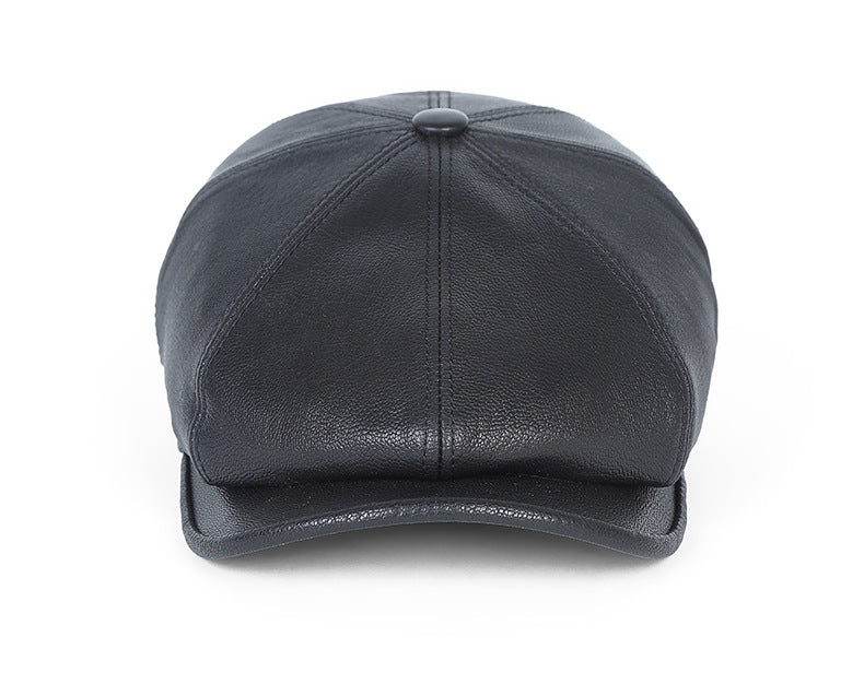 Men's leather newsboy cap with sheepskin