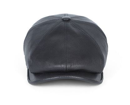 Men's leather newsboy cap with sheepskin