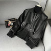 Women black leather jacket with draw string