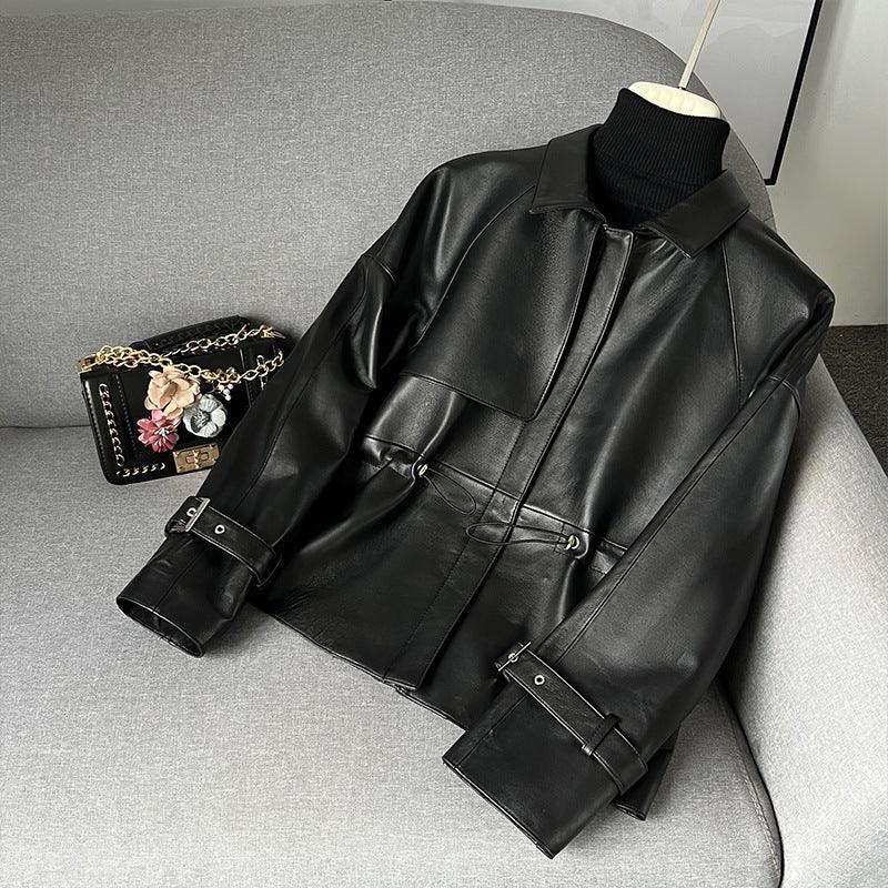 Women black leather jacket with draw string