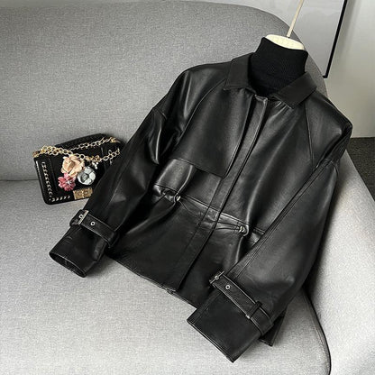 Women black leather jacket with draw string