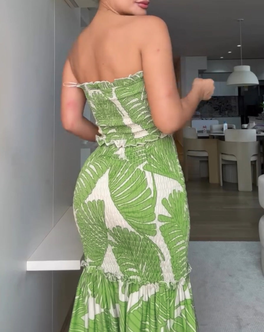 Women Long Summer Dress Printed Strapless Maxi