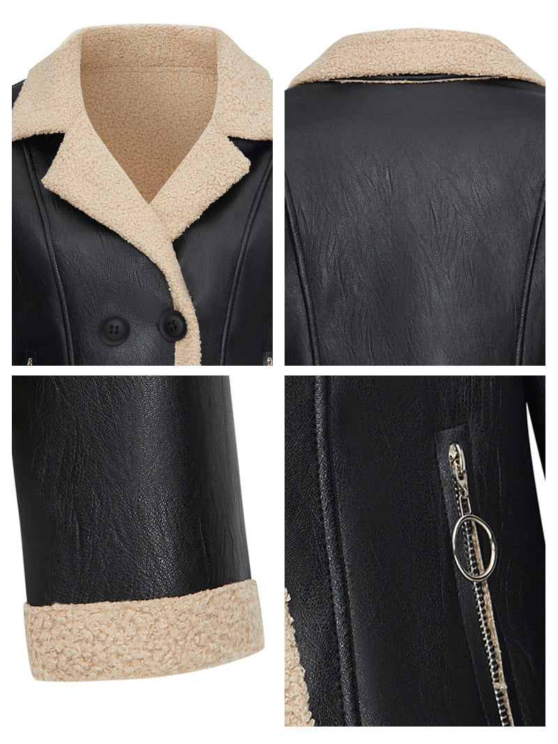 Black Faux Leather Jacket with Beige Shearling for Women