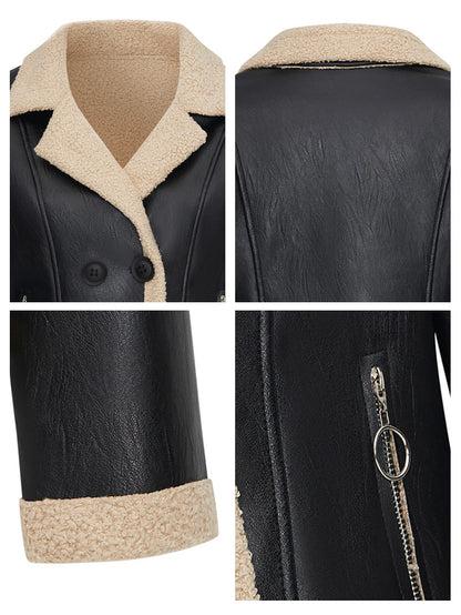 Black Faux Leather Jacket with Beige Shearling for Women