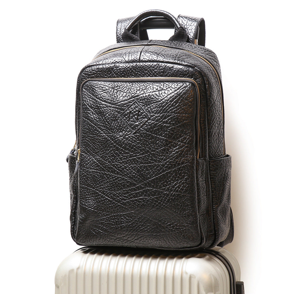 Men’s Genuine Leather Black Backpack with Trolley Sleeve
