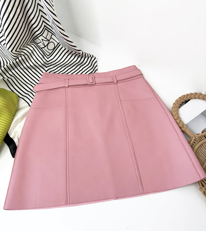Genuine Leather A-Line Mini Skirt With Belt