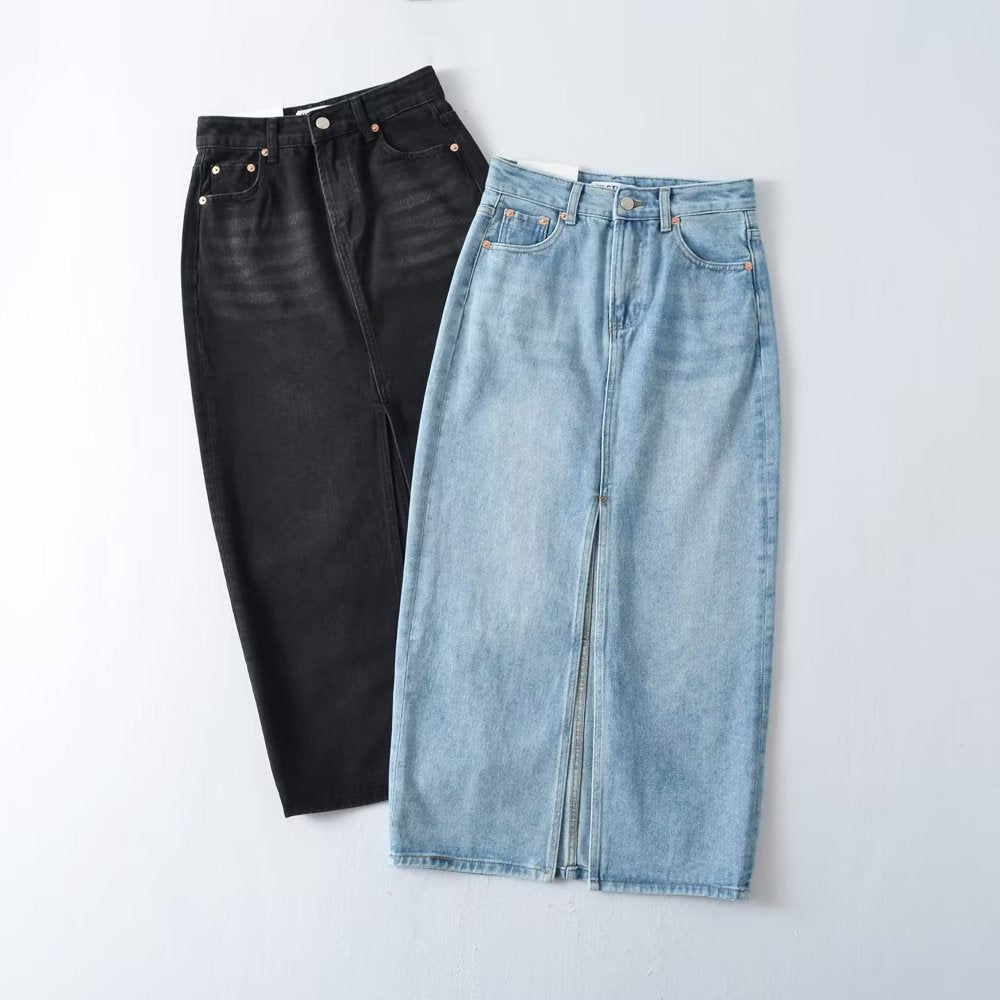 long denim skirt outfit